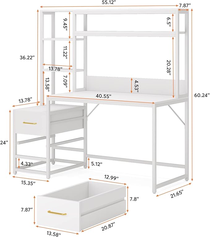 Tribesigns 55 Inch Computer Desk with 2 Drawers and Storage Shelves, Rustic Office Desk with Hutch, Study Writing Gaming Table Laptop Workstation for Home Office (White)