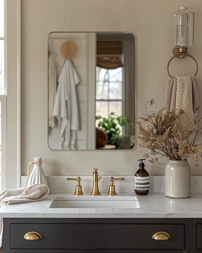 ANDY STAR Gold Bathroom Mirror, 22" x 30" Brushed Brass Metal Wall Mirror, Rounded Rectangle Mirror for Vanity, Framed in Premium Stainless Steel…