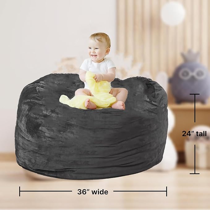 Giant Fur Bean Bag Chair Cover for Kids Adults, (No Filler) Living Room Furniture Big Round Soft Fluffy Faux Fur Beanbag Lazy Sofa Bed Cover (Black, 3FT)