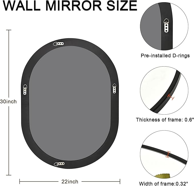 Oval Bathroom Mirror 22x30 Inch, Pill Shape Black Framed Wood Wall Mirrors with Tempered Glass for Modern Bedroom,Entryway or Living Room(Hanging Vertical or Horizontal)