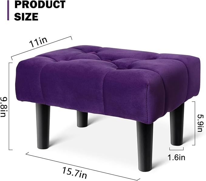 HOUCHICS Small Footstool Ottoman, Velvet Wooden Foot Stool Ottoman with Wood Legs, Sofa Footrest Extra Seating for Living Room Entryway Office(Purple 1PACK)