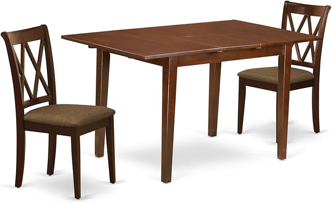 East West Furniture PSCL3-MAH-C 3 Piece Modern Dining Table Set Contains a Rectangle Wooden Table with Butterfly Leaf and 2 Linen Fabric Upholstered Chairs, 32x60 Inch, Mahogany