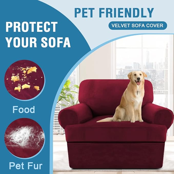 H.VERSAILTEX Sofa Cover 2 Piece T Cushion Armchair Slipcovers Velvet Couch Cover Furniture Protector Stretch T Cushion Sofa Covers for 1 Cushion Couch with 1 Individual T Cushion Covers, Burgundy