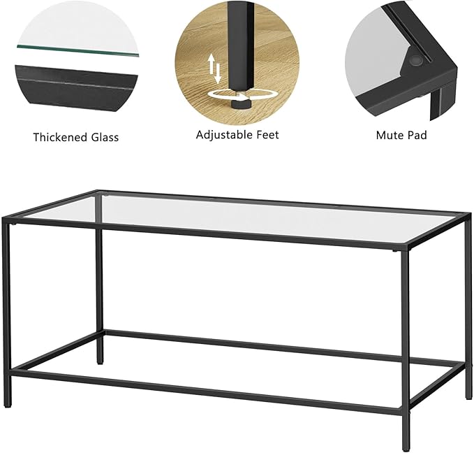 Glass Coffee Table, Modern Rectangular Coffee Table for Living Room, Minimalist Center Tea Table with Sturdy Metal Frame for Apartment, Office, Easy Assembly, 39.4 x 19.7 x 17.7 Inches, Black