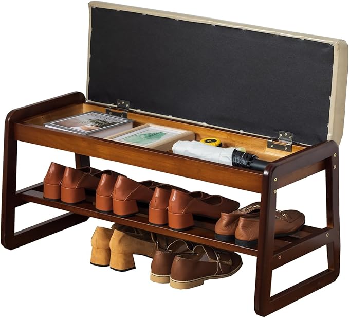 latifolia Solid Wood Bench, Entryway Shoe Bench with Cushion, Flip-Open Storage Compartment, 2-Tier Shoe Organizer(Grey,31.50''L)