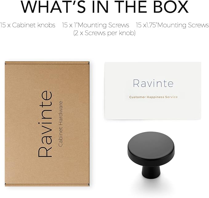 Ravinte 15 Pack Drawer Pulls 1-1/4 Inch Matte Black Kitchen Cabinet Knobs Solid Round Dresser Handles for Simple Cupboard Hardware