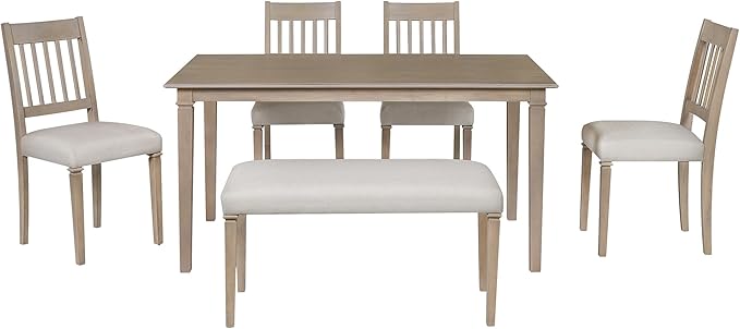 Merax 6-Piece Retro Dining Table Set, 6 Seats Wooden Rectangular Table, with 4 Chairs & 1 Bench for Kitchen Room, Classic Furniture, Brown