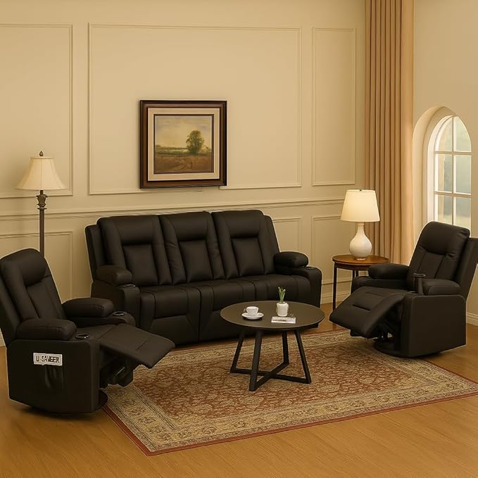 LUCKLIFE Leather Recliner Sofa Set with Manual Recliners,Living Room Furniture Set with Reclining Couch,Loveseat and Armchair,Living Room Chair with Cup Holders,Black (3+1+1)