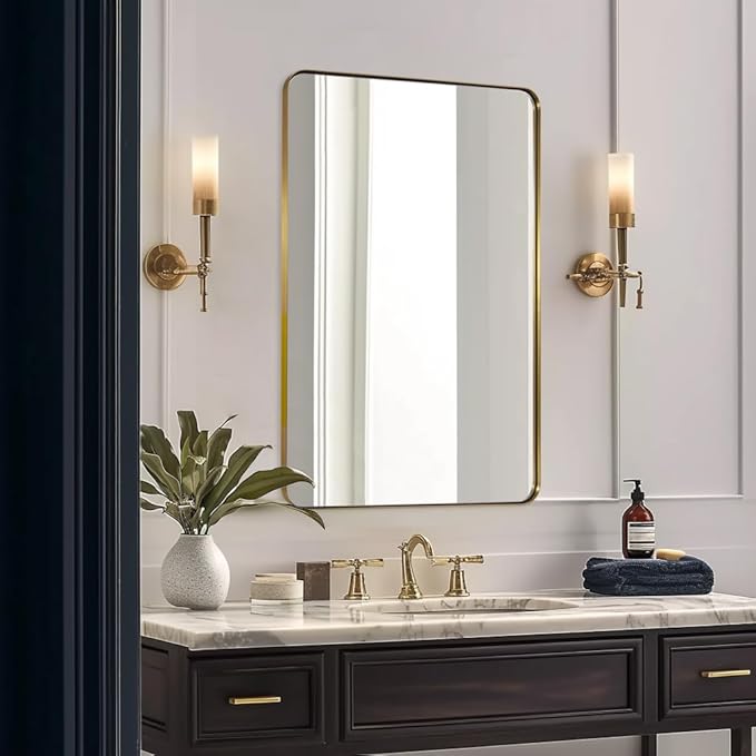 ANDY STAR 36”x48”Gold Bathroom Mirror for Wall, Brushed Brass Metal Rounded Corner Rectangle Mirror, Wall Mirror in Stainless Steel Metal Frame, 1”Deep Set Design Hangs Horizontal Or Vertical