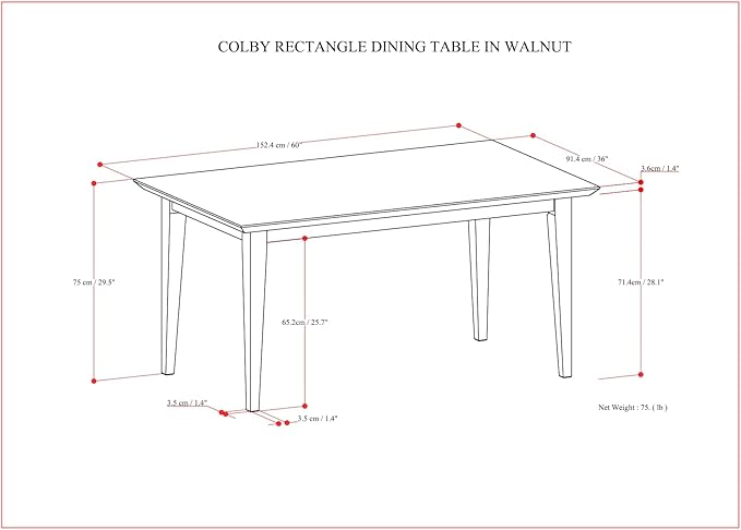 SIMPLIHOME Colby Dining Table, Solid Wood Walnut Veneer in Walnut, 60 x 36 inches, Contemporary-Style Rectangular Kitchen Table for up to 6 People