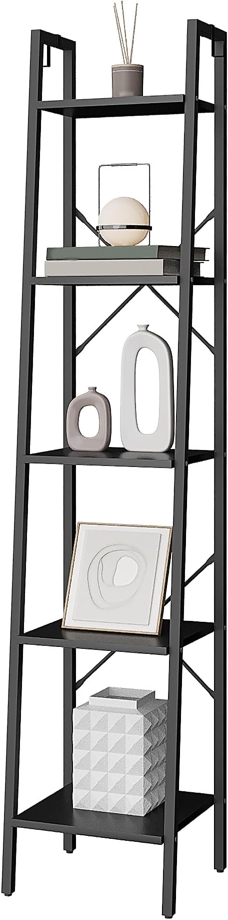 Ladder Shelf, Bookshelf Bookcase, Freestanding Corner Storage Shelve with 2 Hooks for Home Office, Living Room, Kitchen, Bedroom, Industrial, 5-Tier Black BC03204B