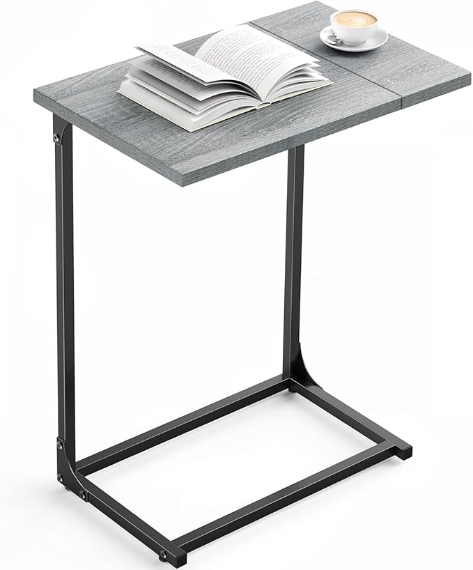Pipishell C-Shaped Side Table, C-Table for Sofa, Couch Table with Metal Frame, Large Surface Sofa Table for Living Room, Bedroom, and Home Office, Rustic Design, PIET11G