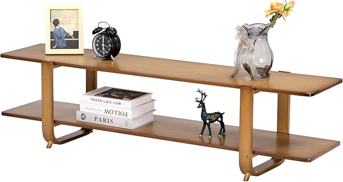 HollyHOME Bamboo TV Stand with Storage for TVs up to 65'', Modern Entertainment Center with 2 Open Shelf, Accent Media Console Table for Living Room, Bedroom, 55"(L), Walnut