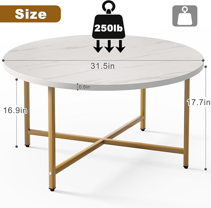 Round Coffee Table, 31.5" Circle Coffee Table, Coffee Tables Living Room, Gold Coffee Table Round for Indoor & Outdoor Use, Office, Patio or Garden, Large White & Gold (31.5" D x 17.7" H)
