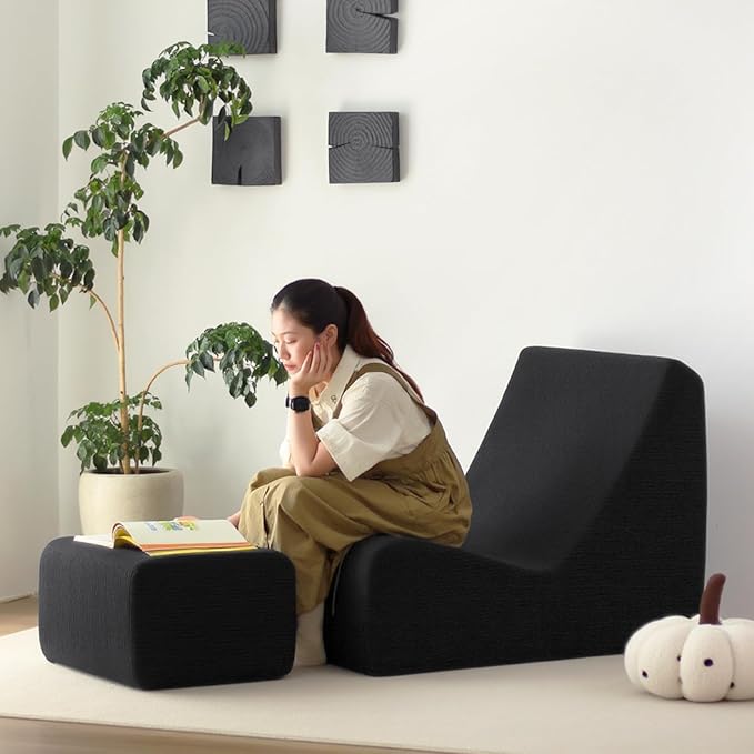 N&V Bean Bag Chair Single Seated Foam Sofa Armless Floor Sofa with High Density Foam Removable and Machine Washable Cover (Black, Large, Corduroy Stripes)