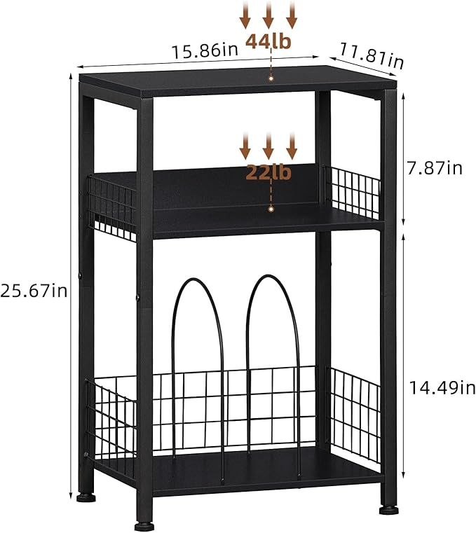 LELELINKY Side Table with Storage, Black Night Stand for Small Spaces, 3 Tier Industrial Wooden Record Player Holder with Vinyl Storage Shelf, End Tables Printer Stand for Bedroom