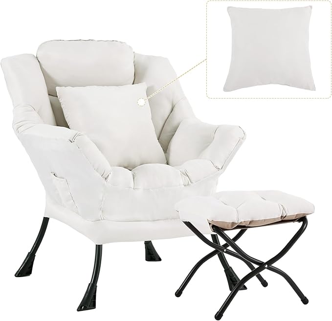 Lazy Chair with Ottoman, Comfy Reading Lounge Chair with Footstool & Throw Pillow Modern with Armrests & Side Pocket for Living Room, Bedroom, Dorm Room, Beige
