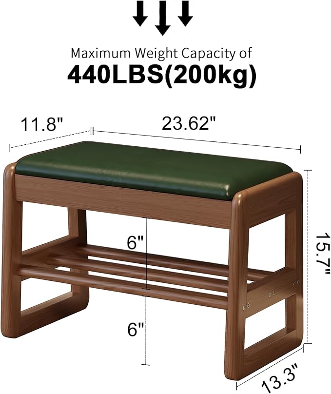 Small Shoe Bench with Leather Cushion,2 Tiers Shoe Rack Bench with Flip-Top Storage,Wood Shoe Rack for Entryway（Green,23.62"