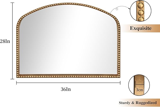 ironsmithn Gold Arched Mirror, 28"x36" Antique Mirrors with Beaded Frame, Classic Vintage Decorative Mirror, Marlowe Accent Mirrors for Mantel Fireplace Bedroom Bathroom Living Room Entryway