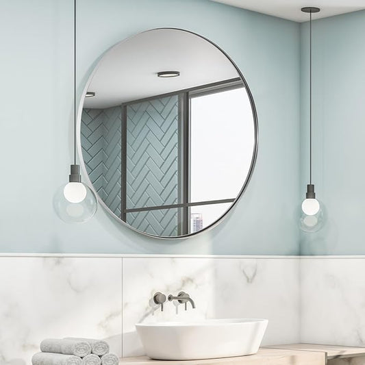 ANDY STAR 36" Chrome Round Mirror, Round Chrome Mirror, Polished Silver Large Vanity Mirror Metal Framed for Living Room, Dining Room, Fireplace
