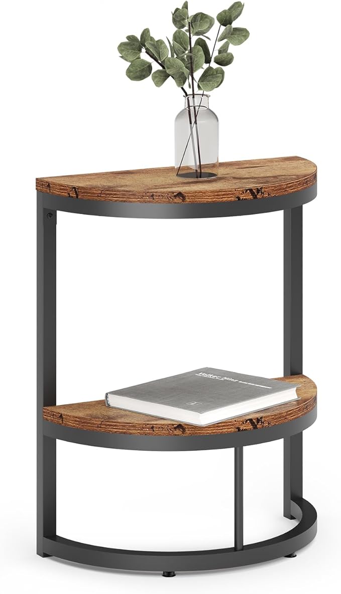 LITTLE TREE 2-Tier End Table Half Round with Storage Shelf, Small Side Table Space Saving Narrow Accent Table for Living Room Sofa Couch, Bedroom, Rustic Brown