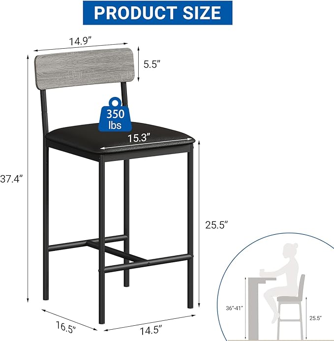 GarveeHome Bar Stools Set of 2, Upholstered Height Bar Stools with Backrest and Footrest, Kitchen Barstools for Island,Counter Bar, Easy Assembly, Rustic Gray