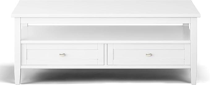 SIMPLIHOME Warm Shaker Coffee Table - 48 inch Wide Solid Wood Cocktail Table in White, Transitional Living Room Table with 2 Storage Drawers and Open Shelf for Sitting Area or Lounge