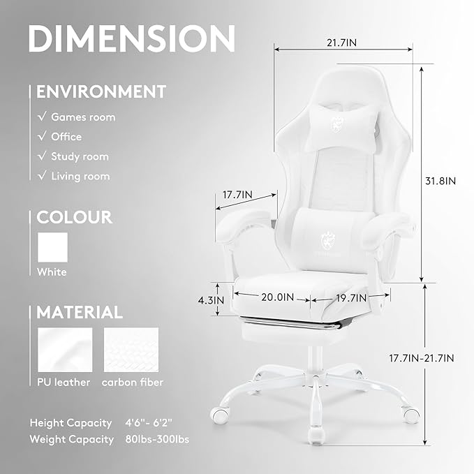 White Gaming Chair,Computer Office Chair with Footrest,Massage Lumbar Support and Gel Pad,Ergonomic Reclining Adjustable Leather Gamer Chair with Headrest and Spring Cushion White