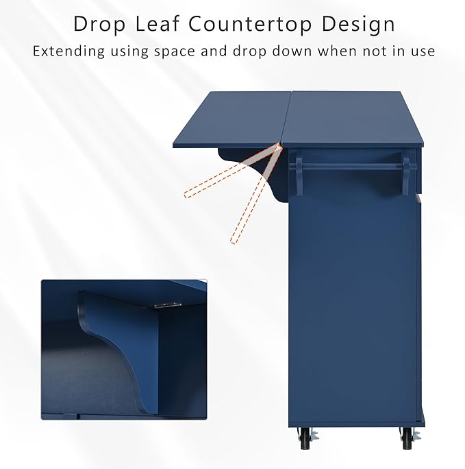53" Kitchen Island with Drop Leaf,Dining Storage Cart W/Spice Rack,Towel Rack and 2 Drawers,Rolling Island on Wheels W/Adjustable Shelves for Kitchen,Dining Room,Navy Blue