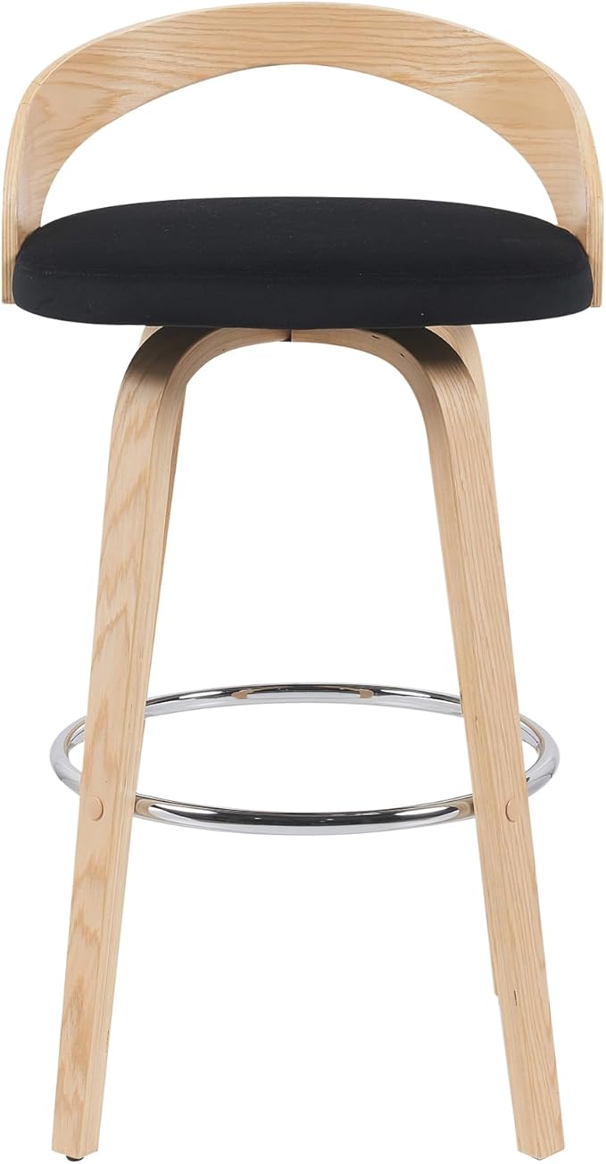 Armen Living Sonia Modern Swivel Bar Height Stool with Black Upholstered Seat and Patterned Oak Wood Finish