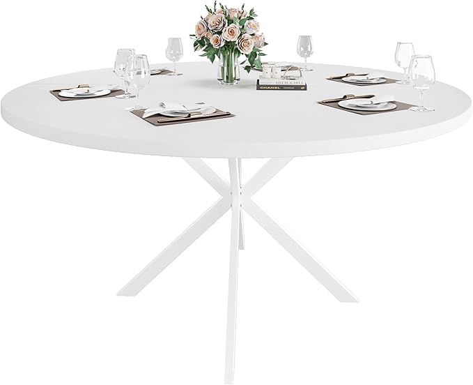 47.24" Round Dining Table for 4-6 Person, Modern Kitchen Table With Metal Legs, Pedestal Circle Table for Dining Room (White)