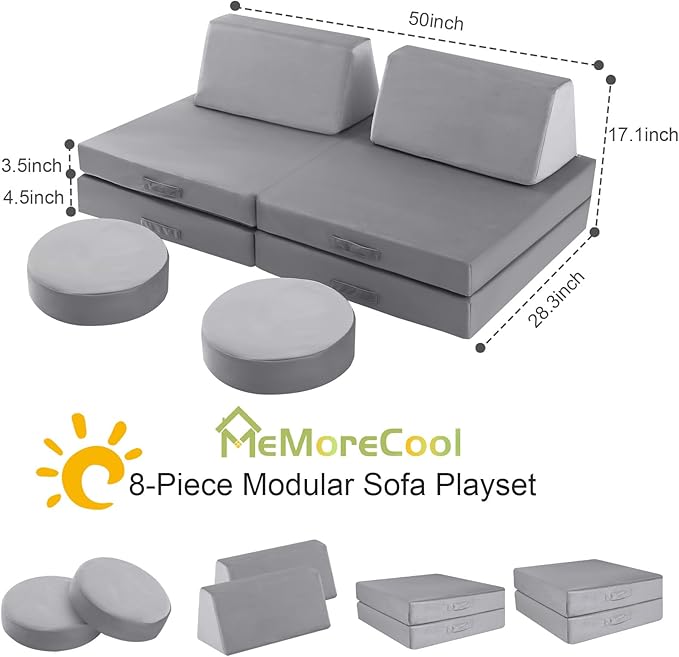 MeMoreCool Modular Kids Play Couch for Toddlers, Floor Foam Explorer Sofa with Building Fort Feature, Sectional Fold Out Block Couch for Playroom, Grey