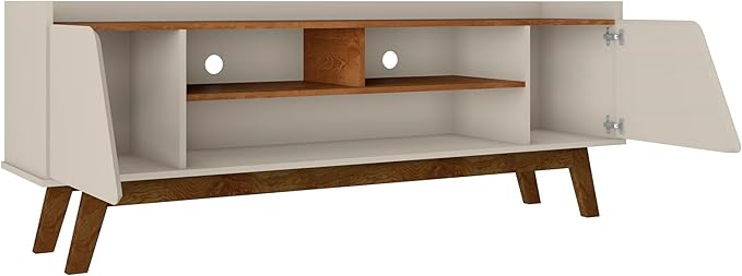 Manhattan Comfort Marcus Mid Century Modern 65 Inch TV Stand with Solid Wood Legs, Cable Management, 5 Shelves and Soft Close Doors, Entertainment Center and Media Console for Living Room, Off White