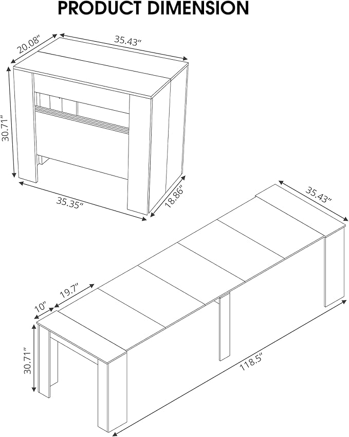 Expandable Dining Table, Convertible Table for Dining Room, Kitchen and Small Spaces, for 2-10 People, White Marble