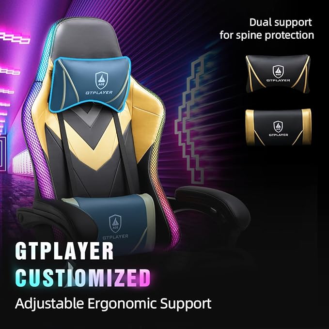 GTPLAYER Gaming Chair, RGB Gaming Chairs with LED Lights, Video Gaming Chair for Adults, Ergonomic Computer Gaming Chair with Linkage Armrest, Reclining Chair with Headrest (Without Massage, Yellow)