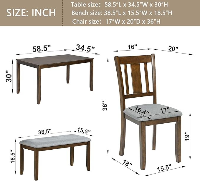 soges 6 Piece Kitchen Dining Table Set, Wooden Dining Table with 4 Upholstered Chairs and a Bench for 6 People, Living Room, Home and Kitchen, Table Chairs Set, Walnut