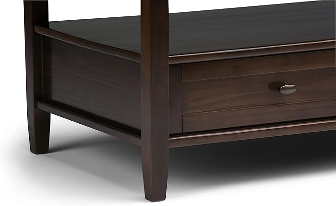 SIMPLIHOME Warm Shaker Coffee Table - 48 inch Wide Solid Wood Cocktail Table in Tobacco Brown, Transitional Living Room Table with 2 Storage Drawers and Open Shelf for Sitting Area or Lounge