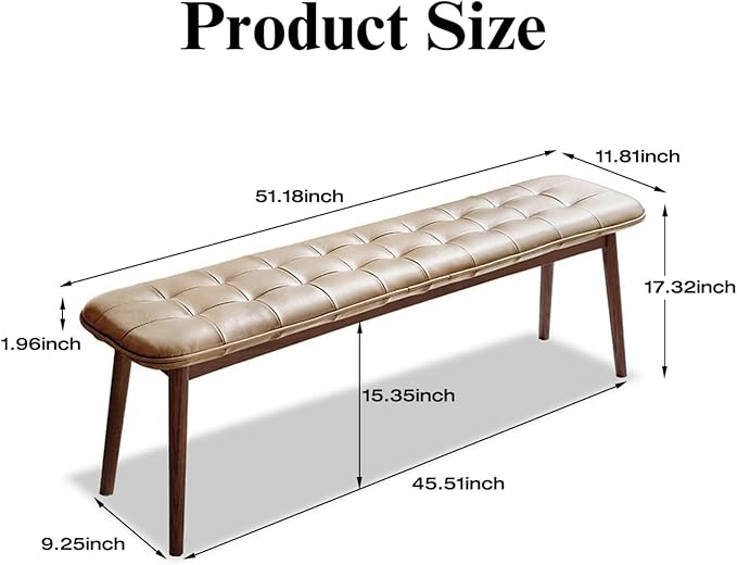 Upholstered Bench, 51.18 in Natural Oak Wood for Dining Table Bench for Living Room with Leather Cushion, End of Bed Footrest Stool Khaki