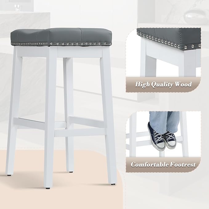 Athena Collection Counter Height Bar Stools Set of 2, 29.5 Inches Backless Saddle Bar Stools with Leather Upholstered and Nailhead Trim, Barstools for Counter, Kitchen Island, Dining Room, Grey