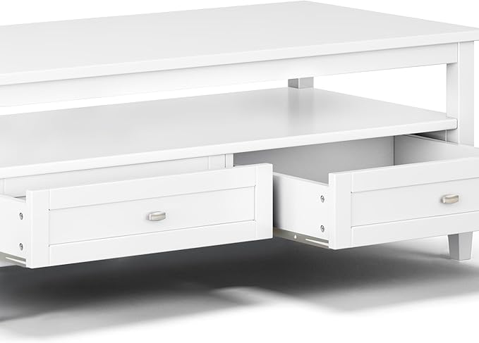 SIMPLIHOME Warm Shaker Coffee Table - 48 inch Wide Solid Wood Cocktail Table in White, Transitional Living Room Table with 2 Storage Drawers and Open Shelf for Sitting Area or Lounge