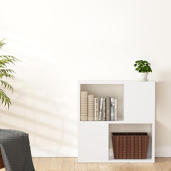 GHC 2 Tier Bookshelf, Wood Decorative Storage Shelving, Modern Freestanding Display Shelves, Tall Book Shelf Unit for Living Room, Bedroom, Office-White