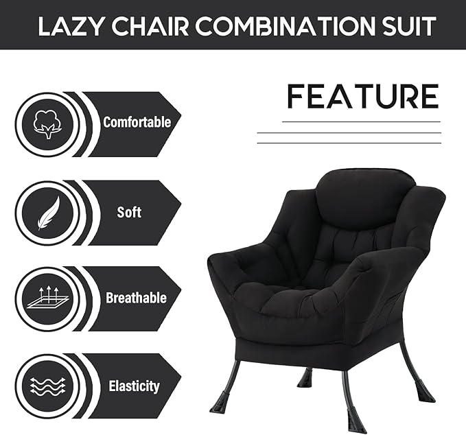LITA Lazy Chair with Ottoman, Modern Accent Leisure Upholstered Sofa, Contemporary Lounge Reading Chair with Armrests and a Side Pocket for Living Room, Bedroom & Small Space, Single Black