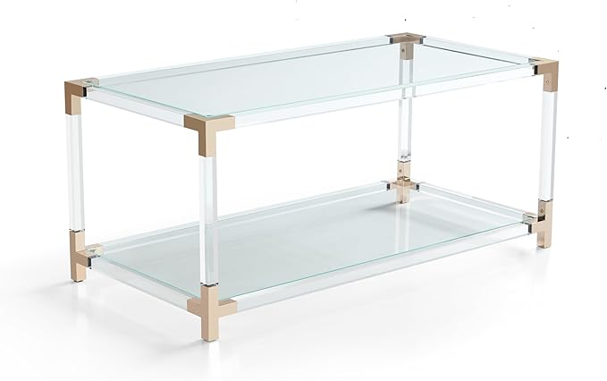 Saint Mossi Glass Coffee Table Living Room, Modern Double Layer Glass Living Table for Living Space, L41 x W21 x H16, Clear Glass Top, Clear Acrylic Leg & Rose Gold Frame
