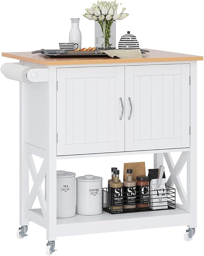 Spirich Kitchen Island on Wheels, Rolling Kitchen Cart with Storage Cabinet, Small Kitchen Island with Drop Leaf and Towel Rack for Dining Room, White