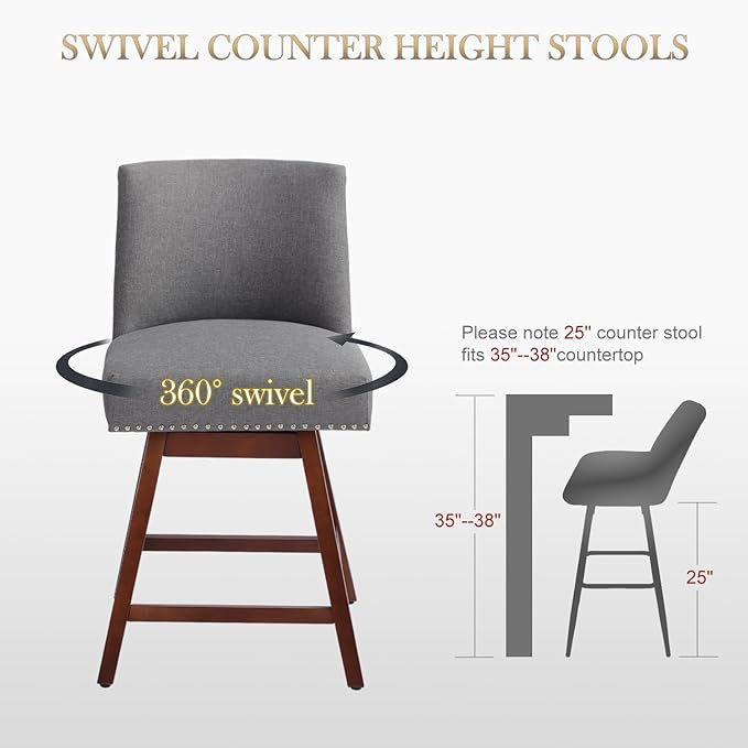Counter Height Barstools Set of 6,360° Swivel Bar Stools with Back,26 inch Modern Counter barstools,Upholstered Bar Tall Stools for Kitchen Counter,Kitchen Island,Bar, Home (Dark Gray, SET OF 6)