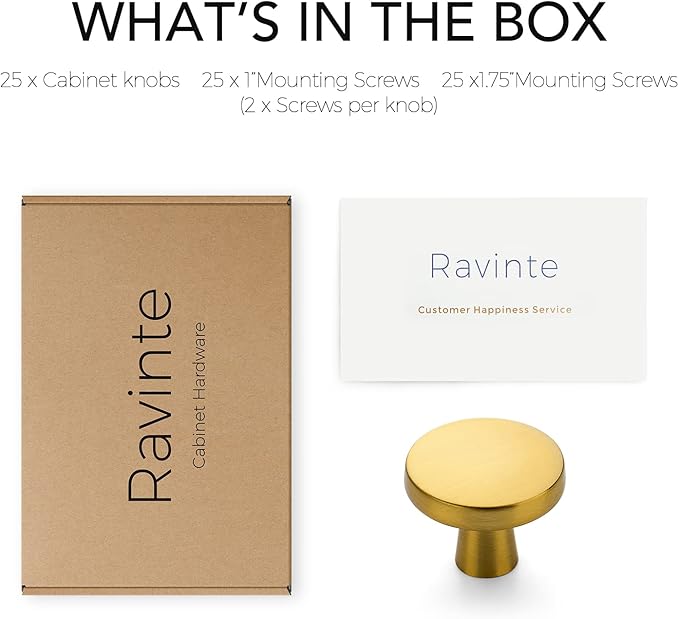 Ravinte 25 Pack Drawer Pulls 1-1/4 Inch Kitchen Cabinet Knobs Solid Brushed Brass Round Dresser Drawer Knobs Gold Dresser Knobs Drawer Knobs Simple Cabinet Hardware for Cupboard Drawer Pulls