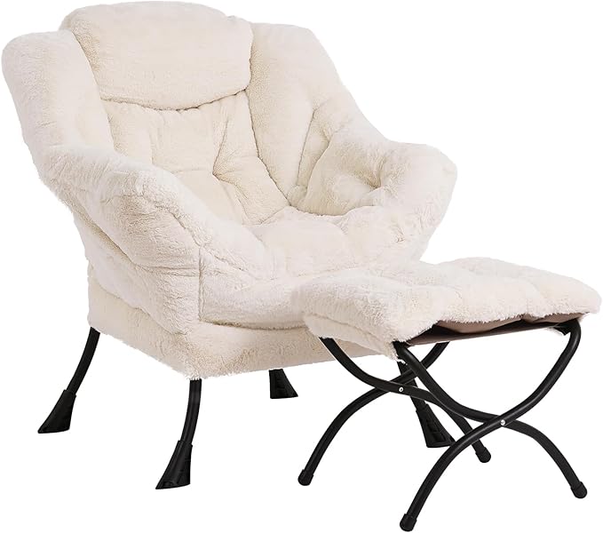 LITA Lazy Chair with Ottoman, Modern Accent Leisure Upholstered Sofa Chair, Lounge Reading Chair with Armrests and a Side Pocket for Living Room, Bedroom & Small Space, Plush Beige