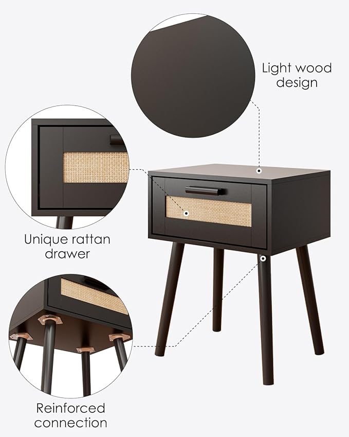 Bedroom Nightstands Wooden Night Stands with Rattan Weaving Drawer Home Bedside End Table for Bedroom Storage (Bohemian-Black)