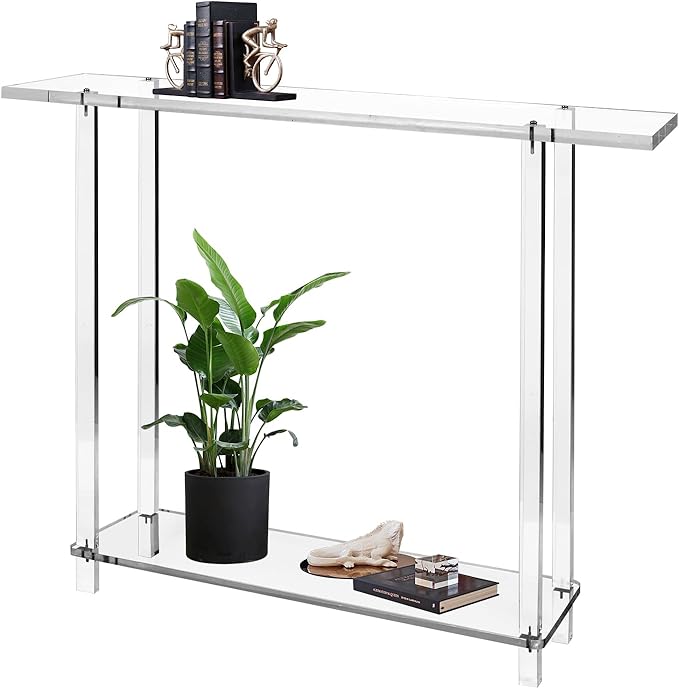 Acrylic Narrow Console Table for Entryway 7.6" D x 39.4" W x 31.5" H Clear Modern Skinny Bookshelf Slim Entry Table Waterfall Desk Furniture for Sofa Foyer Hallway Living Room Dining Room