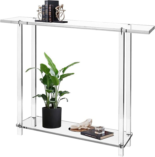 Acrylic Narrow Console Table for Entryway 7.6" D x 39.4" W x 31.5" H Clear Modern Skinny Bookshelf Slim Entry Table Waterfall Desk Furniture for Sofa Foyer Hallway Living Room Dining Room